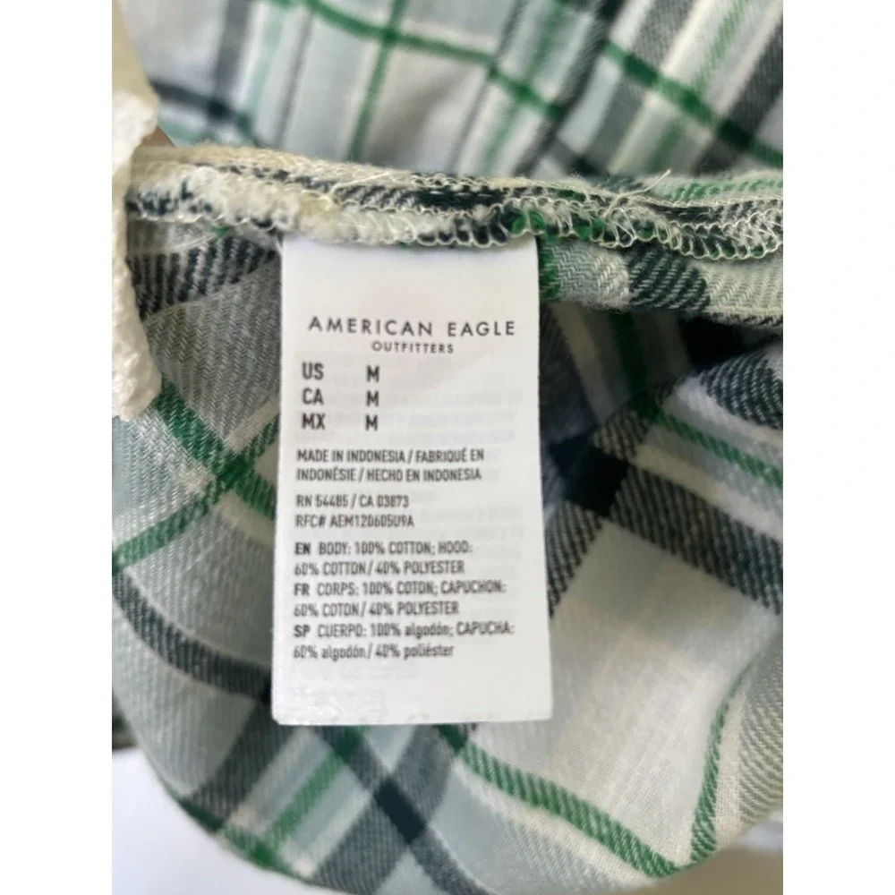 American Eagle Outfitters Shirt  Medium Green Plaid Hooded Flannel Henley UNISEX - Picture 5 of 6